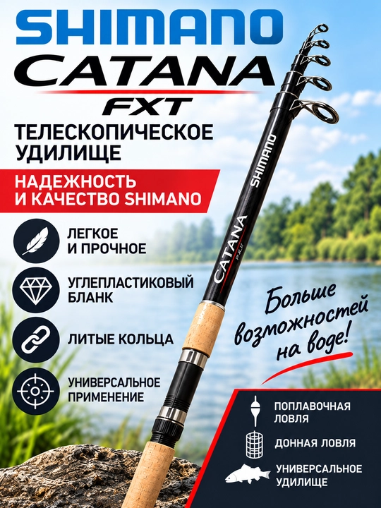 Удилище Shimano Catana FXT телескопическое 40–80 г, литые кольца, пробковая рукоять