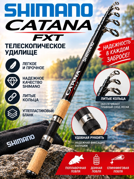 Удилище Shimano Catana FXT телескопическое 40–80 г, литые кольца, пробковая рукоять - 