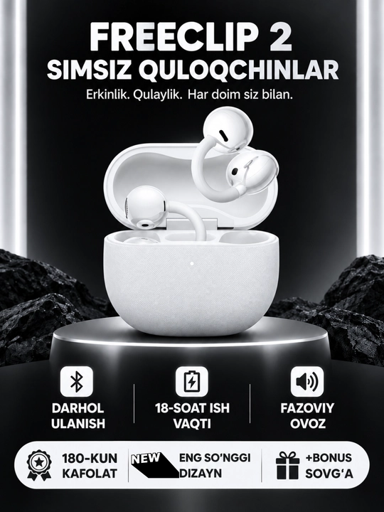 Simsiz quloqchinlar FreeClip 2, Android va iPhone uchun sensorli naushnik (+ bonus)