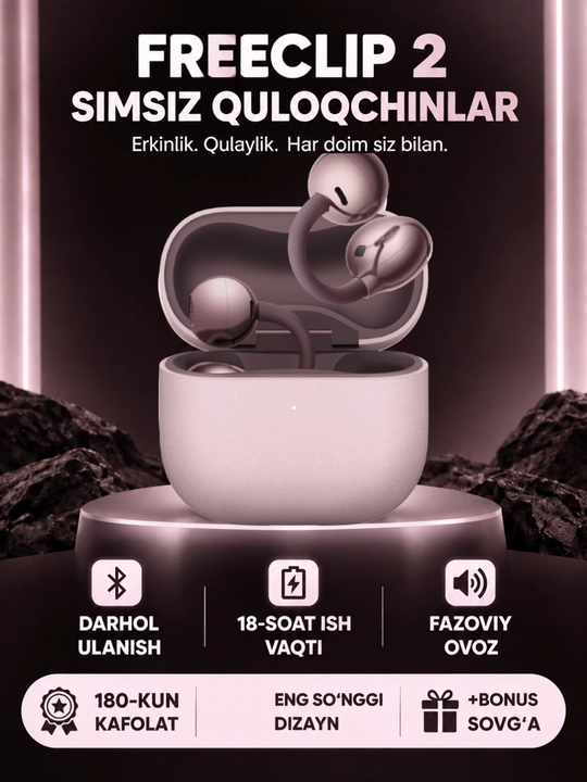 Simsiz quloqchinlar FreeClip 2, Android va iPhone uchun sensorli naushnik (+ bonus)