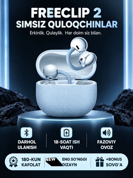 Simsiz quloqchinlar FreeClip 2, Android va iPhone uchun sensorli naushnik (+ bonus)