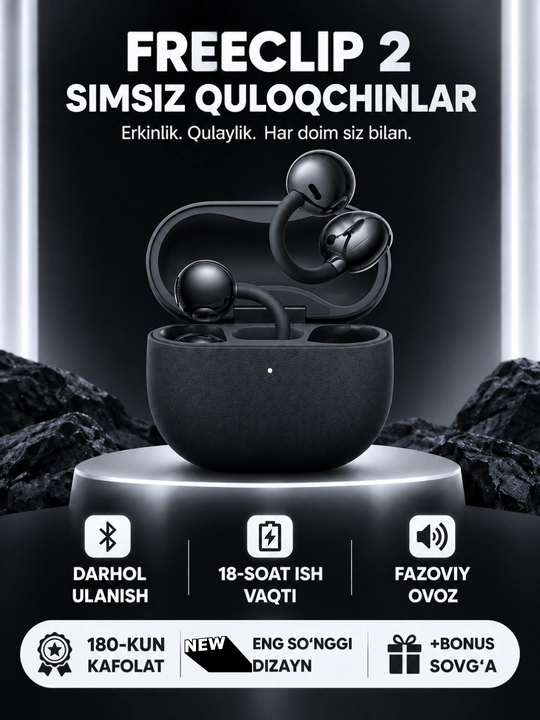 Simsiz quloqchinlar FreeClip 2, Android va iPhone uchun sensorli naushnik (+ bonus)