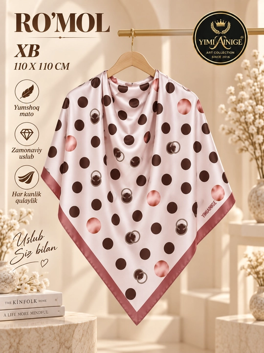 Ayollar uchun XB ro‘mol, 90×90 sm, bosh ro‘mol, hijob uchun naqshli ro‘mol