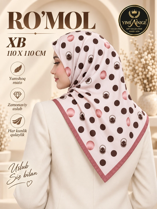Ayollar uchun XB ro‘mol, 90×90 sm, bosh ro‘mol, hijob uchun naqshli ro‘mol