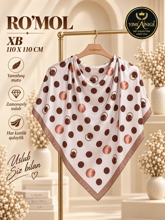 Ayollar uchun XB ro‘mol, 90×90 sm, bosh ro‘mol, hijob uchun naqshli ro‘mol