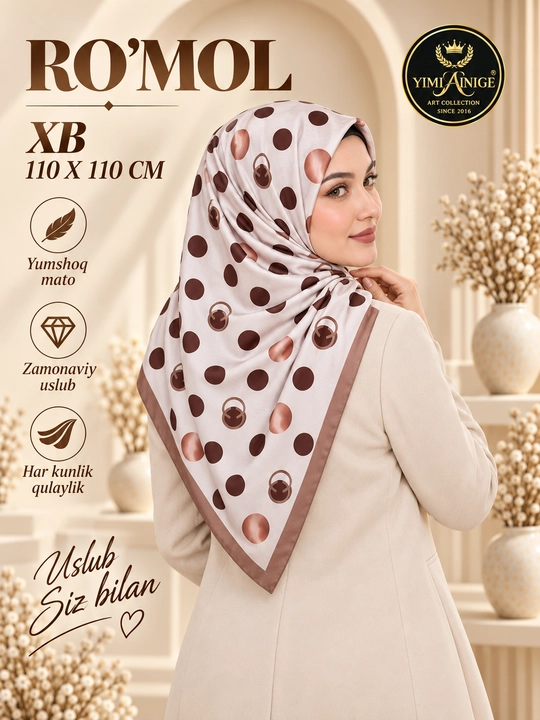 Ayollar uchun XB ro‘mol, 90×90 sm, bosh ro‘mol, hijob uchun naqshli ro‘mol