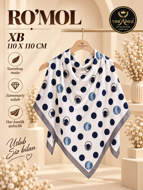 Ayollar uchun XB ro‘mol, 90×90 sm, bosh ro‘mol, hijob uchun naqshli ro‘mol