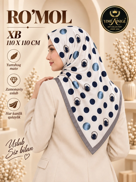 Ayollar uchun XB ro‘mol, 90×90 sm, bosh ro‘mol, hijob uchun naqshli ro‘mol