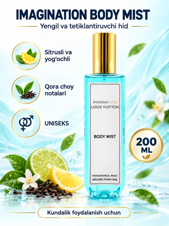 Imagination Body Mist, 200 ml — sitrus, qora choy va yog‘och notali tana spreyi - 