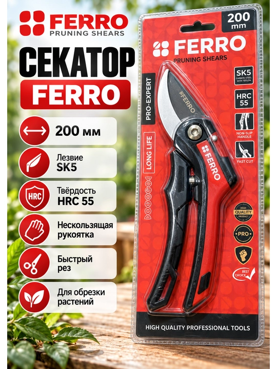 Секатор FERRО Pro-Expert для обрезки растений, садовый инструмент, 200–220 мм - 