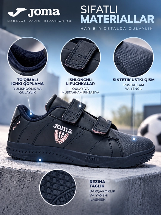 Joma W.Play Jr 25 bolalar krossovkasi, yopishqoq tasmali, to‘q ko‘k