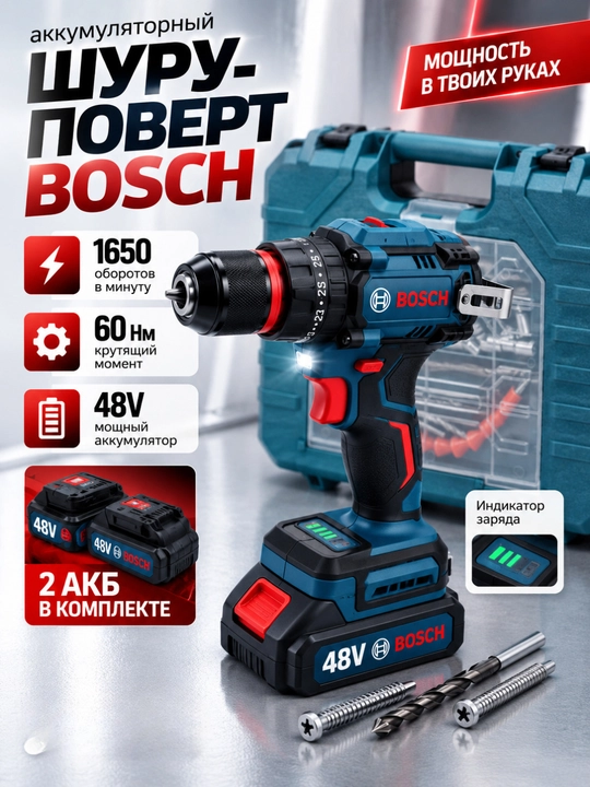Bosch 48V akkumulyatorli drel-shurupovyort, 24 ta predmet, cho‘tkasiz, keys bilan - 