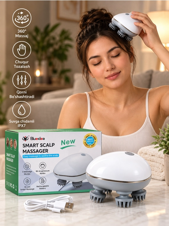 Elektr massaj apparati Smart Scalp Massager, bosh terisi va tana uchun 3 rejimli massajer - 
