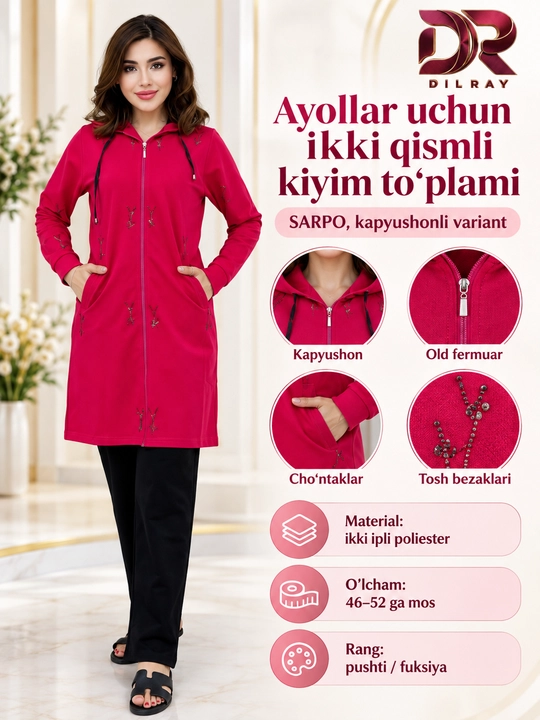 Ayollar uchun ikki qismli kostyum, kapyushonli va yoqali, 46–60