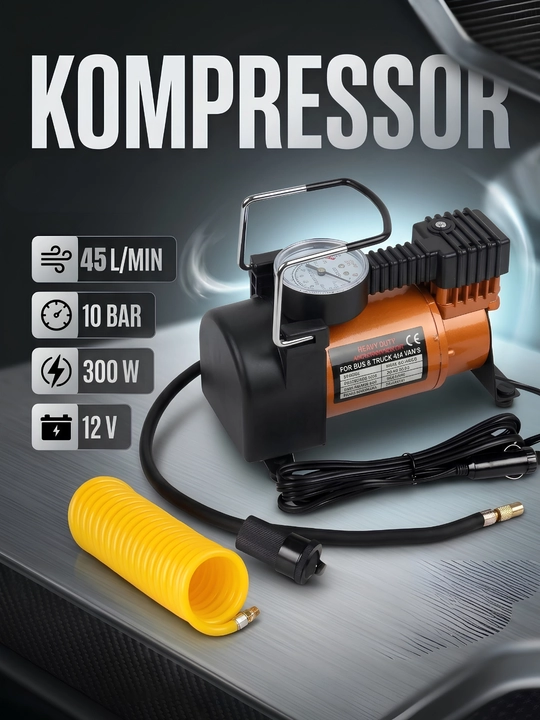 Avtomobil ikki va bir silindrli kompressori, 10 bar, manometr bilan - 