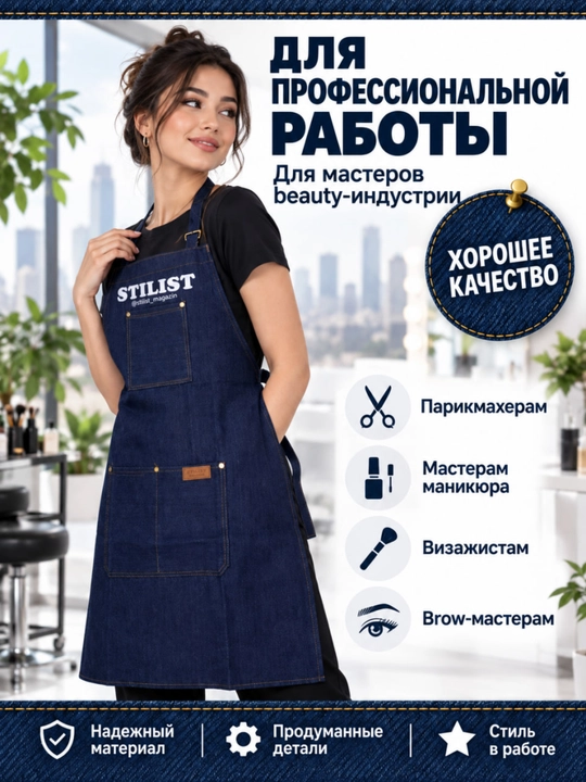 Professional jinsi fartuk, cho'ntakli va sozlanadigan, beauty masterlar uchun STILIST