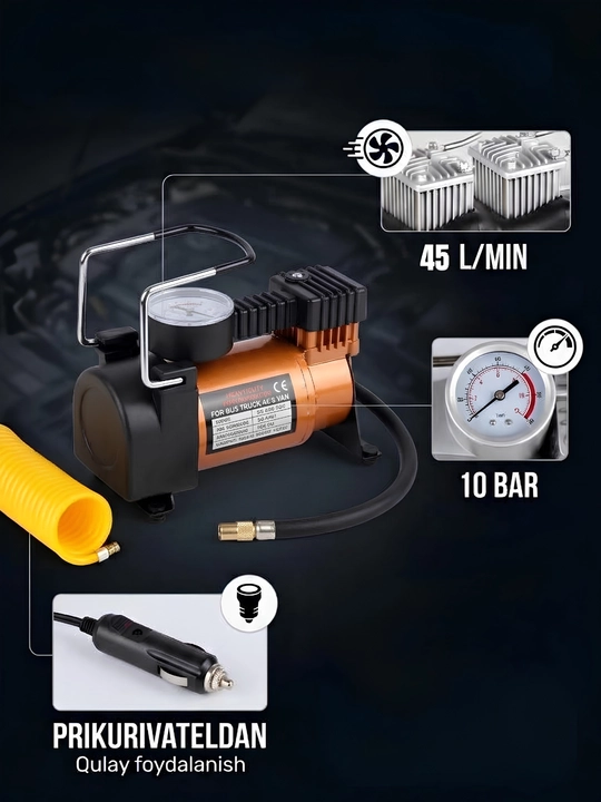 Avtomobil ikki va bir silindrli kompressori, 10 bar, manometr bilan