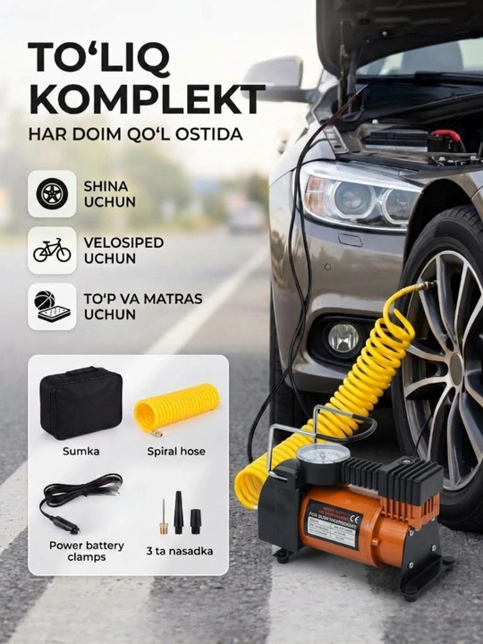 Avtomobil ikki va bir silindrli kompressori, 10 bar, manometr bilan