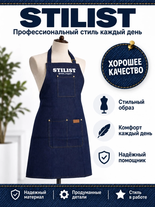 Professional jinsi fartuk, cho'ntakli va sozlanadigan, beauty masterlar uchun STILIST