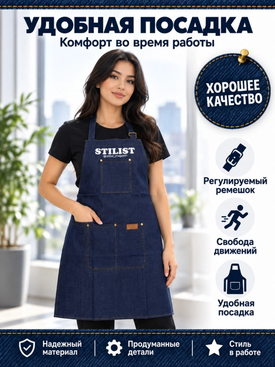 Professional jinsi fartuk, cho'ntakli va sozlanadigan, beauty masterlar uchun STILIST