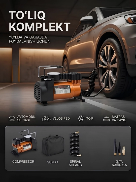 Ikki silindrli va bir silindrli avtomobil kompressori,85 l, Avtomobil nasosi, manometrli