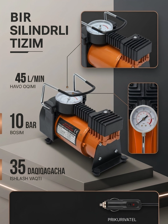Ikki silindrli va bir silindrli avtomobil kompressori,85 l, Avtomobil nasosi, manometrli