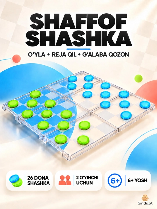 Shaffof shashka o‘yini, 24 dona, 25×25 sm, 2 o‘yinchi uchun, 6+ yosh - 