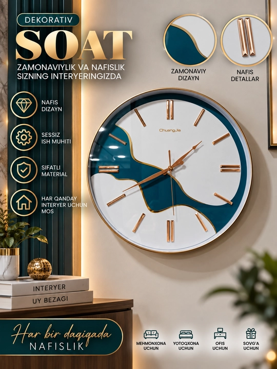 Devor soati, dekorativ uy soati, soat devorga xona uchun, ofis uchun soat, dumaloq soat - 
