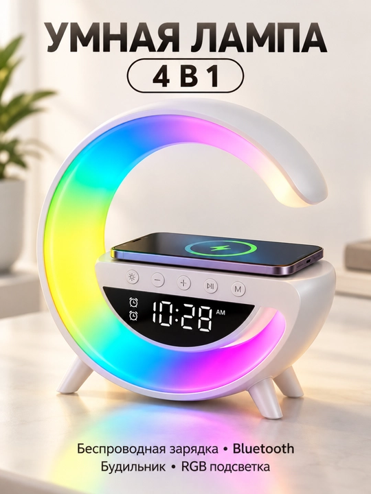 Aqlli lampa 4 tasi 1 da, simsiz quvvatlash, Bluetooth, budilnik, RGB