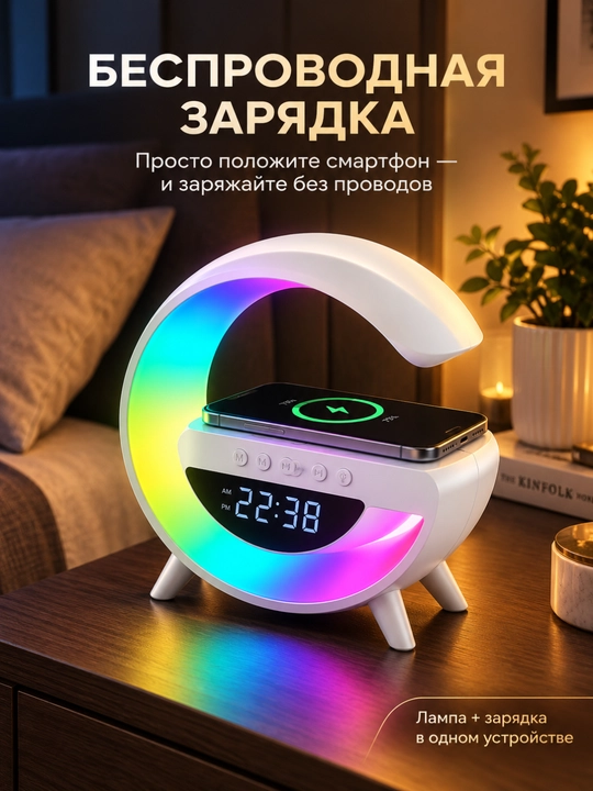 Aqlli lampa 4 tasi 1 da, simsiz quvvatlash, Bluetooth, budilnik, RGB