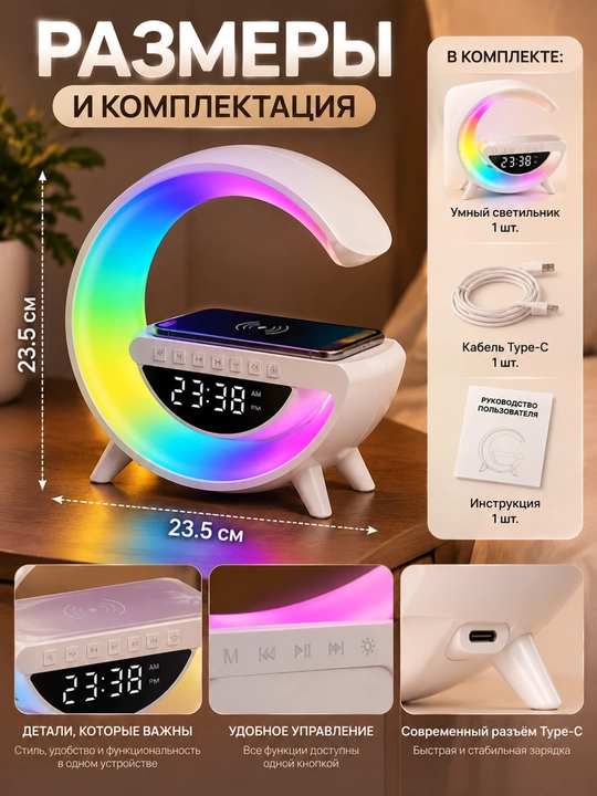 Aqlli lampa 4 tasi 1 da, simsiz quvvatlash, Bluetooth, budilnik, RGB
