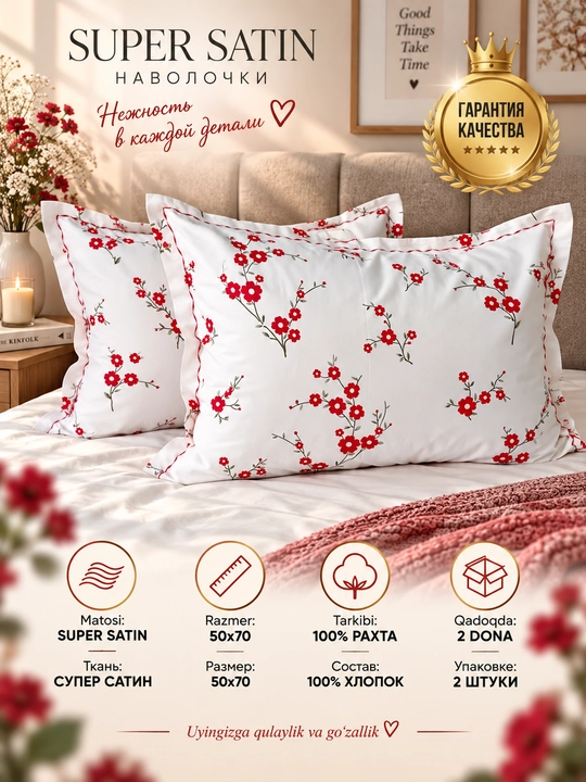 Yostiq jildi 70x50, Super satin, 2 dona ,100% paxta