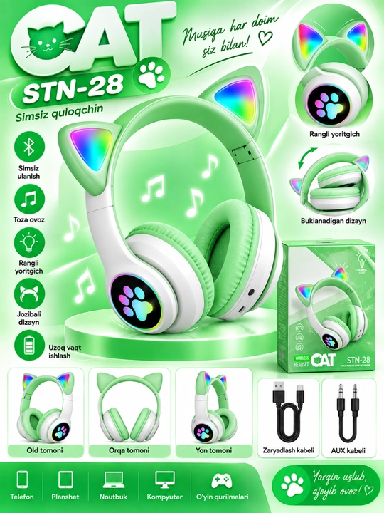 Simsiz Bluetooth quloqchinlar STN-28, yoritiladigan mushuk quloqlari bilan - 