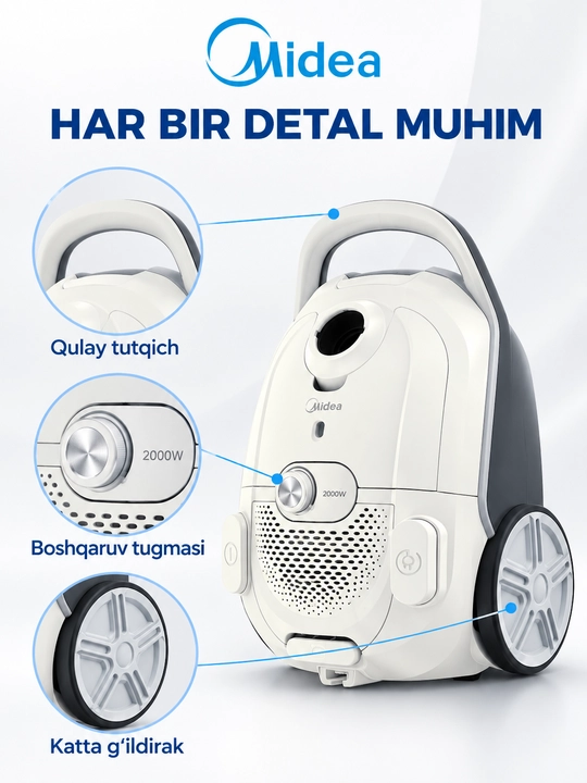 Midea VCB MB09MEWH changyutgich, 2000 Vt, oq, quvvatni sozlash funksiyasi bilan
