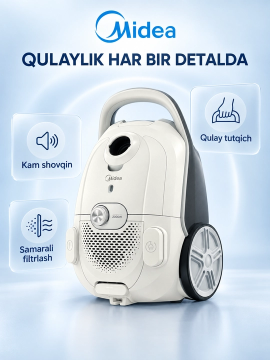 Midea VCB MB09MEWH changyutgich, 2000 Vt, oq, quvvatni sozlash funksiyasi bilan - 
