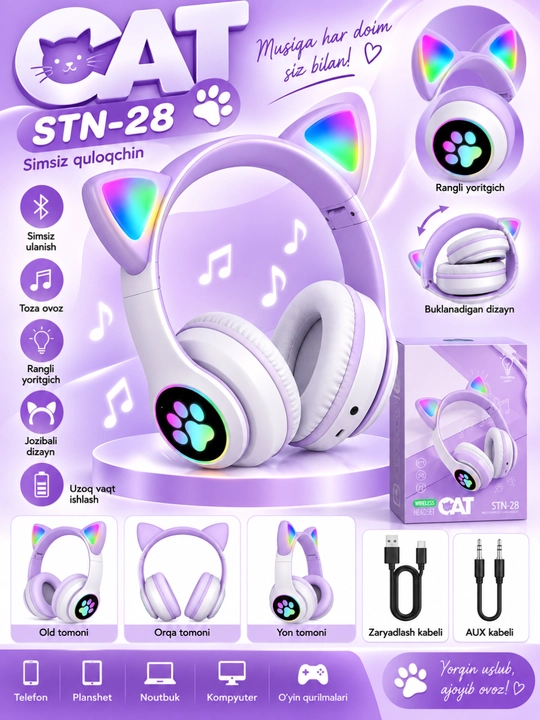 Simsiz Bluetooth quloqchinlar STN-28, yoritiladigan mushuk quloqlari bilan - 
