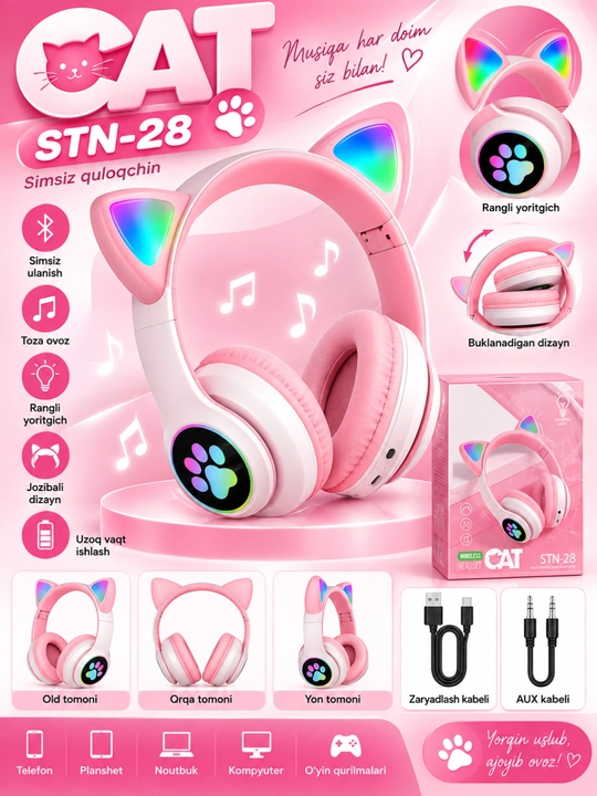 Simsiz Bluetooth quloqchinlar STN-28, yoritiladigan mushuk quloqlari bilan - 