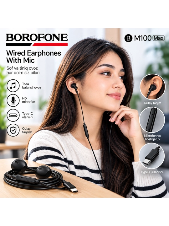Borofone BM100 Max наушники, Type-C гарнитура, проводные наушники с микрофоном для Android - 