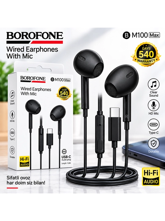 Borofone BM100 Max наушники, Type-C гарнитура, проводные наушники с микрофоном для Android
