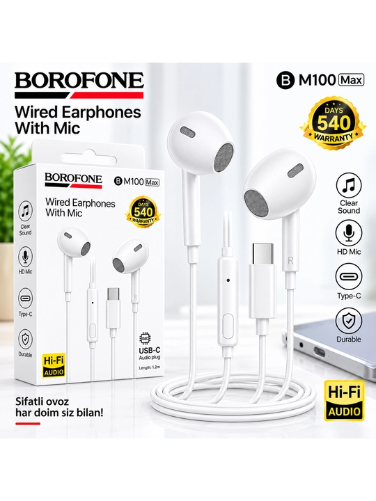 Borofone BM100 Max наушники, Type-C гарнитура, проводные наушники с микрофоном для Android