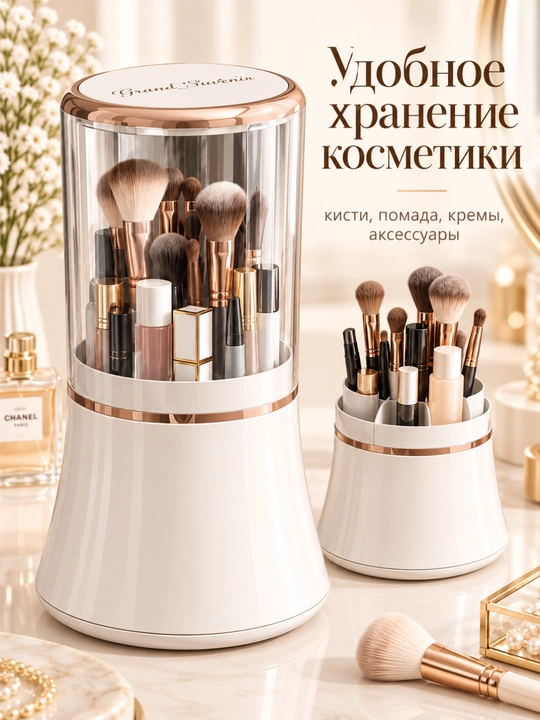Органайзер для косметики и кистей 360°, вращающийся бокс с прозрачной крышкой