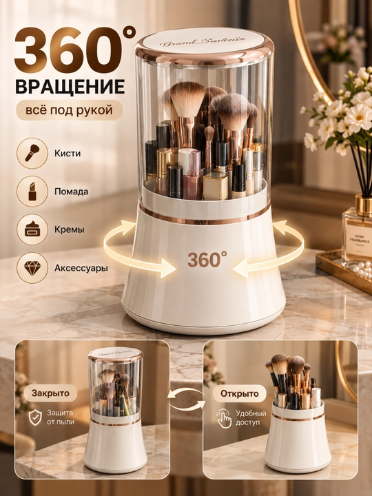 Kosmetika va cho‘tkalar uchun 360° aylanadigan organayzer, shaffof qopqoqli - 