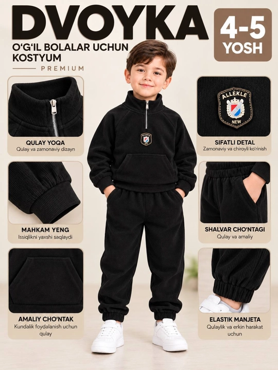 O‘g‘il bolalar uchun 2 qismli sport kiyim to‘plami, zamonaviy model dvoyka
