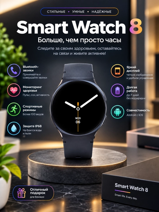 Smart Watch 8 — aqlli soat, Bluetooth qo‘ng‘iroqlar, sog‘liq va sport monitoringi - 
