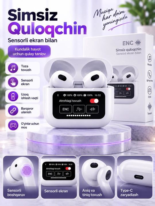 A Pods Simsiz quloqchinlar Pro 3, sensorli, iPhone va Android uchun, Bluetooth - 