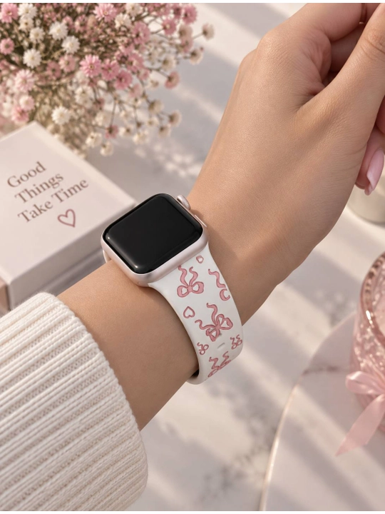 Ремешок для Apple Watch белый с розовыми бантиками 38/40/41/42 мм и 42/44/45/46/49 мм - 