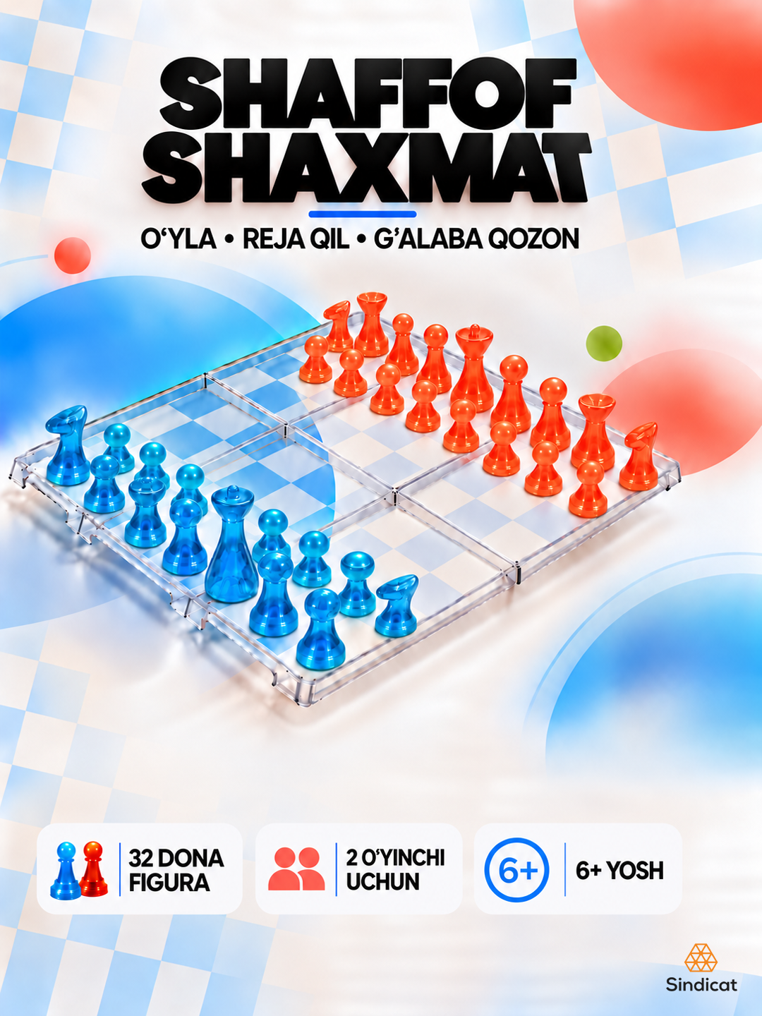 Shaffof shaxmat to‘plami, 32 dona figura, 25×25 sm, 2 o‘yinchi uchun - 