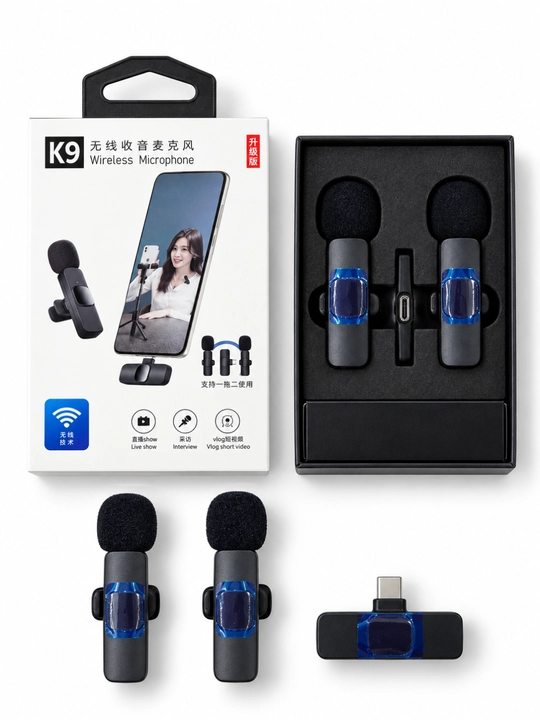 K9 simsiz mikrofon, 2 ta klipsli mikrofon va USB-C qabul qilgich