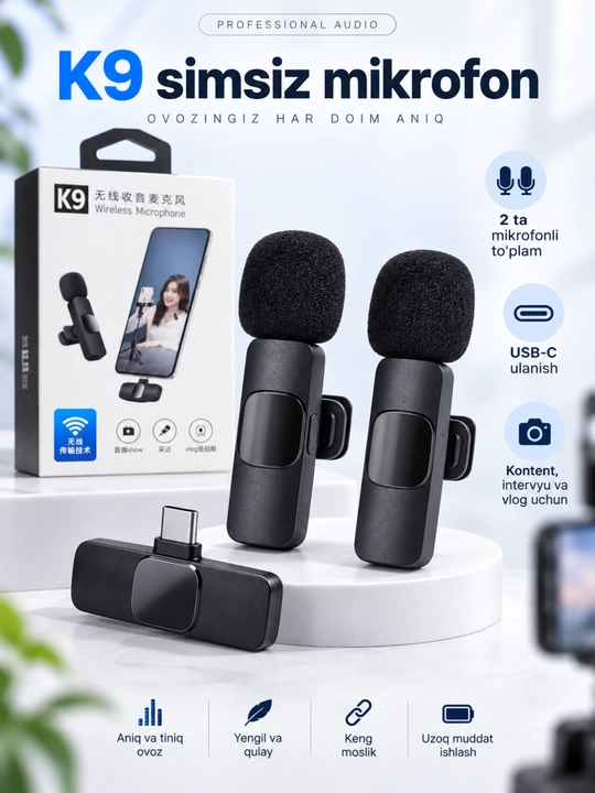 K9 simsiz mikrofon, 2 ta klipsli mikrofon va USB-C qabul qilgich - 