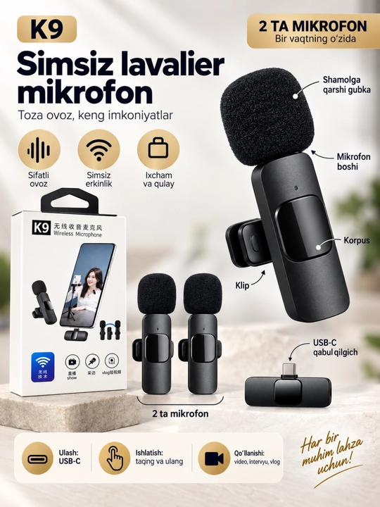 K9 simsiz mikrofon, 2 ta klipsli mikrofon va USB-C qabul qilgich